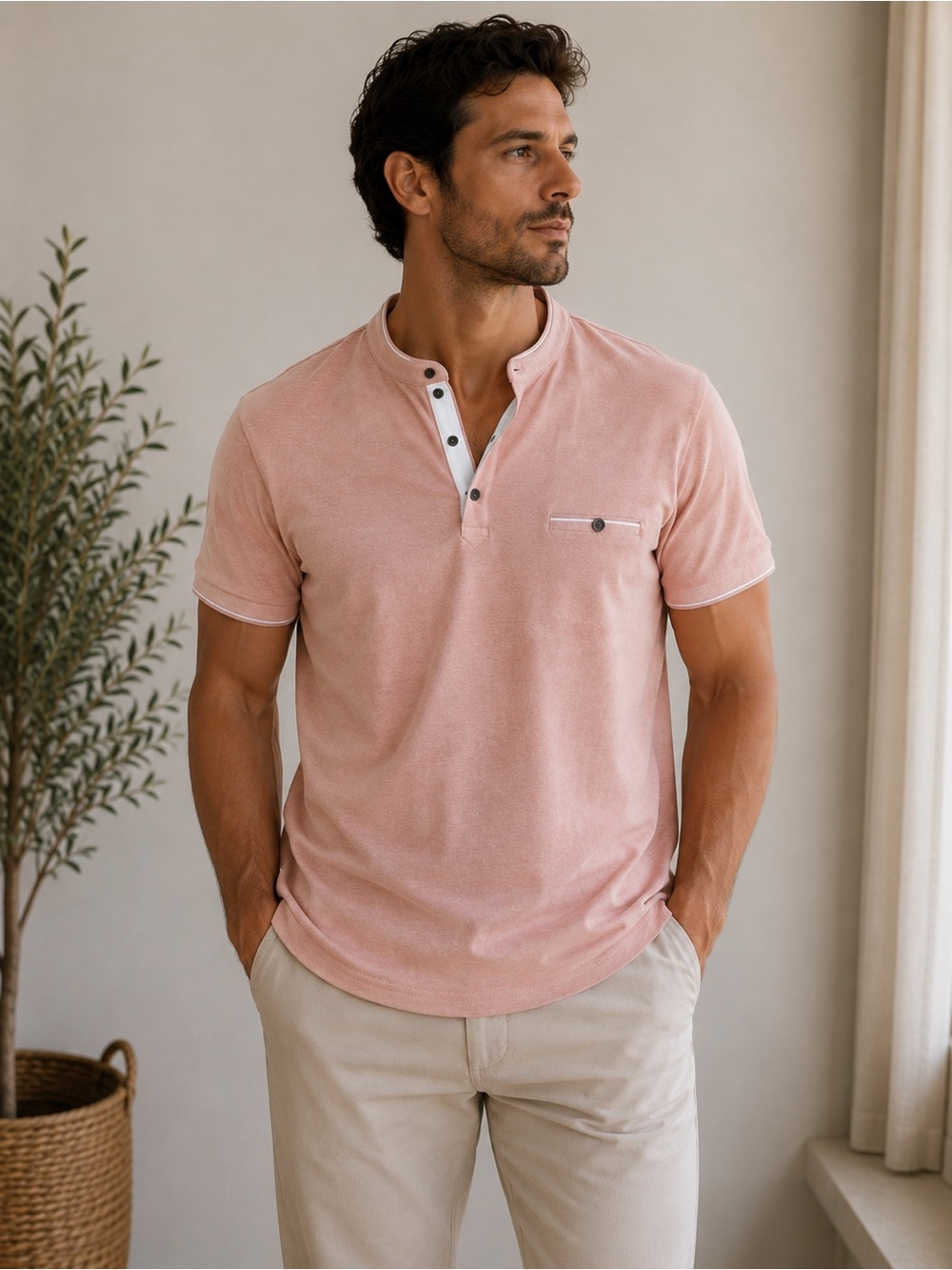 NWT Scott James Men’s Short Sleeve Henley Shirt Pink Size Mediu